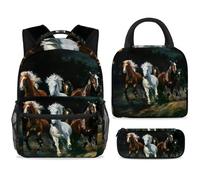 ewndhtse Set di zaino per la scuola con borsa per il pranzo e astuccio, set da 3 pezzi, zaino da viaggio, zaino casual per adolescenti, ragazze, ragazzi, primaria, junior, medio, cavalli al galoppo al