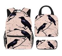 ewndhtse Set di zaino per la scuola con borsa per il pranzo e astuccio, set da 3 pezzi, zaino da viaggio, zaino casual per adolescenti, ragazze, ragazzi, primaria, junior, medio, corvi sul ramo