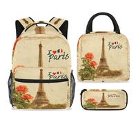 ewndhtse Set di zaino per la scuola con borsa per il pranzo e astuccio, set da 3 pezzi, zaino da viaggio, zaino casual per adolescenti, ragazze, ragazzi, primaria, junior, media, cartolina retrò