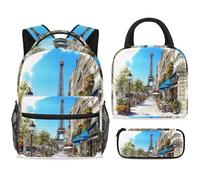 ewndhtse Set di zaino per la scuola con borsa per il pranzo e astuccio, set da 3 pezzi, zaino da viaggio, zaino casual per adolescenti, ragazze, ragazzi, primaria, junior, media, caffè sotto la torre