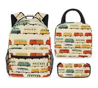 ewndhtse Set di zaino per la scuola con borsa per il pranzo e astuccio, set da 3 pezzi, zaino da viaggio, zaino casual per adolescenti, ragazze, ragazzi, primaria, junior, mezzo, autobus dei cartoni