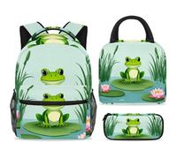 ewndhtse Set di zaino per la scuola con borsa per il pranzo e astuccio, set da 3 pezzi, zaino da viaggio, zaino casual per adolescenti, ragazze, ragazzi, primaria, junior, medio, rana su tappetino con