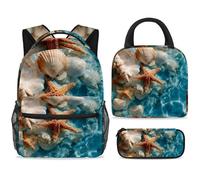 ewndhtse Set di zaino per la scuola con borsa per il pranzo e astuccio, set da 3 pezzi, zaino da viaggio, zaino casual per adolescenti, ragazze, ragazzi, primaria, junior, medio, conchiglie blu oceano