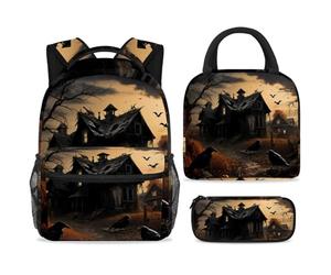 ewndhtse Set di zaino per la scuola con borsa per il pranzo e astuccio, set da 3 pezzi, zaino da viaggio, zaino casual per adolescenti, ragazze, ragazzi, primaria, junior, media, casa abbandonata
