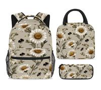 ewndhtse Set di zaino scolastico con borsa per il pranzo e astuccio, set da 3 pezzi, zaino da viaggio, zaino casual per adolescenti, ragazze, ragazzi, primaria, junior, medio, camomilla, api miele