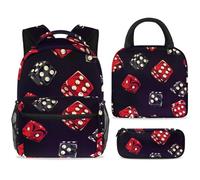 ewndhtse Set di zaino scolastico con borsa per il pranzo e astuccio, set da 3 pezzi, zaino da viaggio, zaino casual per adolescenti, ragazze, ragazzi, primaria, junior, medio, dadi da casinò neri e