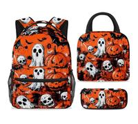 ewndhtse Set di zaino scolastico con borsa per il pranzo e astuccio, set da 3 pezzi, zaino da viaggio, zaino casual per adolescenti, ragazze, ragazzi, primaria, junior, medio, zucca, fantasmi