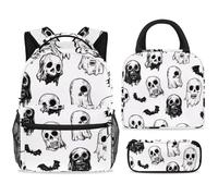 ewndhtse Set di zaino scolastico con borsa per il pranzo e astuccio, set da 3 pezzi, zaino da viaggio, zaino casual per adolescenti, ragazze, ragazzi, primaria, junior, media, teschio, fantasmi