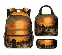 ewndhtse Set di zaino scolastico con borsa per il pranzo e astuccio, set da 3 pezzi, zaino da viaggio, zaino casual per adolescenti, ragazze, ragazzi, primaria, junior, medio, cimitero della luna