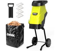 EWORK Trituratore di legno elettrico dello sfibratore di 15 amp, diametro | 4 lame SK5, rapporto di riduzione 15:1 elevato con sacchetto di raccolta da 45 l, efficiente mulcher per la pulizia dei
