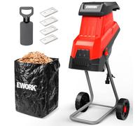 EWORK Trituratore elettrico per legno da 15 amp, diametro di taglio massimo | 4 lame SK5, rapporto di riduzione 15:1 con sacchetto di raccolta da 45 l, efficiente pacciamatrice per compostaggio da