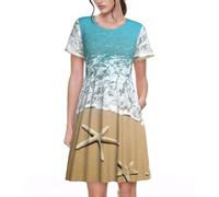 EWQrtyy Bella stella marina sulla spiaggia sabbia primavera comodo abito a maniche corte da donna con tasche, gonna estiva fluida a trapezio elastico in vita, set per le donne, Nero , XL