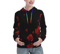 EWQrtyy Felpe con cappuccio da donna con sfondo nero rosa rossa morbida di peso medio casual felpe con cappuccio, pullover invernale con tasca, Nero , XXL