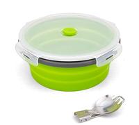 Ewrap - Ciotola da campeggio pieghevole rotonda da 1200 ml, contenitori per alimenti in silicone, ciotola in silicone con coperchio e cucchiaio forchetta pieghevole 2 in 1, adatta al microonde, verde