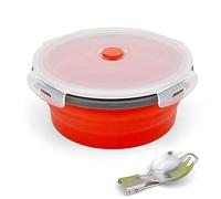 Ewrap - Ciotola da campeggio pieghevole rotonda da 1200 ml, contenitori per alimenti in silicone, ciotola in silicone con coperchio e cucchiaio forchetta pieghevole 2 in 1, adatta al microonde, rosso