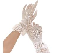 EWUHYFP 2pair Women Black White Summer Gloves Female Thin Fishnet Mesh Fashion Ruffle Full Finger Lace Mittens(WHITE)