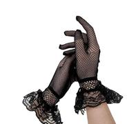 EWUHYFP 2pair Women Black White Summer Gloves Female Thin Fishnet Mesh Fashion Ruffle Full Finger Lace Mittens(Black)