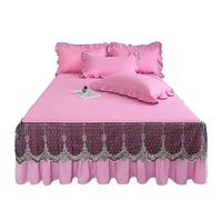 EWUHYFP 3 Pcs Lace Knit Bed Skirt Solid Color Queen King Bedspread On The Ruffle Home With Pillowcases(Pink,3 pcs 150x200cm)