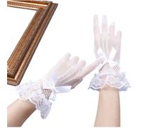 EWUHYFP 4 Pair Bride Stretchy Fishnet Lace Gloves Five-finger Hollowout With Bow Tie Pearls Wedding(White)
