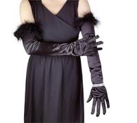 EWUHYFP Women Cuff Feather Satin Elastic Long Full Finger Wedding Etiquette Dress Glove Makeup Party Perform Dance Mitten(WHITE)