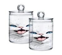Ewusp A White Cat Qtip Holder 2 PCS plastica trasparente Apothecary Jar con coperchio porta batuffoli di cotone dispenser porta cotton fioc contenitore bagno portaoggetti organizer trucco
