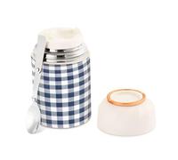 Ewusp Fiaschetta per alimenti a quadretti blu e bianchi per adulti, 500 ml, in acciaio inox, a doppia parete, isolamento sottovuoto, con cucchiaio pieghevole, senza BPA, contenitore per zuppa a prova