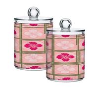 Ewusp Hibiscus Plaid Qtip Holder 2 PZ Plastica Trasparente Apothecary Barattoli con Coperchio Portacotone Dispenser Cotton Bud Holder Bagno Storage Container Makeup Organizer