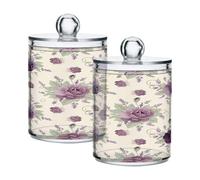 Ewusp Portaoggetti in plastica trasparente con coperchio per dischetti di cotone, 2 pezzi, con fiori viola, contenitore per riporre batuffoli di cotone, contenitore per il bagno e il trucco