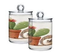 Ewusp Portaoggetti Qtip a forma di cactus e riccio, 2 barattoli in plastica trasparente con coperchio, dispenser per cotton fioc, contenitore per il bagno, organizer per trucchi