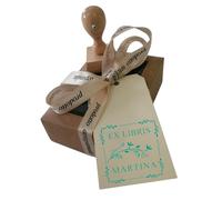 Ex Libris, Timbro in Legno Personalizzato per Libri, Idea Regalo, Appassionati di Libri, Forma Quadrata 40x40 mm, Disegno Rami Fioriti |Scatola Regalo, Biglietto e Cuscinetto Inchiostro Verde Inclusi