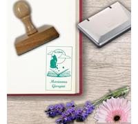 Ex Libris, Timbro in Legno Personalizzato per Libri, Idea Regalo Appassionati Libri, Forma Rettangolare 30x50 mm, Disegno Gatto |Scatola Regalo, Biglietto e Cuscinetto Inchiostro Verde Inclusi