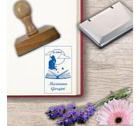 Ex Libris, Timbro in Legno Personalizzato per Libri, Idea Regalo, per Appassionati Libri, Forma Rettangolare 30x50 mm, Disegno Gatto | Scatola Regalo, Biglietto e Cuscinetto Inchiostro Blu Inclusi