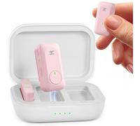 EX Sistema di microfoni Lavalier wireless, doppio microfono clip-on + custodia di ricarica, portata 50 m, plug and play per iPhone/Android, riduzione avanzata del rumore, registrazione video 48 ore