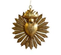 Ex-voto Cuore in Ottone Dorato Antico Incisioni, Cordino Velour Arancione, 13 x 11,5 cm