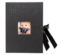 Exacompta - Rif. OfficeByMe 77601E - Cartone da 4 scatole fotografiche in carta ruvida nera, finestra di personalizzazione, chiusura a nastro, per conservare foto o spine fino a 13 x 18 cm