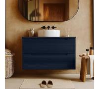 exagonshop Mobile Bagno Blu Notte 80x45 Mango Due cassetti Soft Close con lavabo Tondo da appoggio in Ceramica Lucida