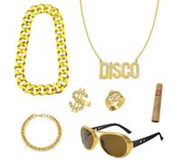 exatta 7 Pezzi Accessorio Costume da magnaccia per Uomini, Set Accessori Rapper con Disco Catena d'oro Bracciale Anelli Dollaro Occhiali da Sole Sigari Falsi per Carnevale Cosplay Festa a Tema