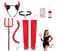 exatta Set da 8 Pezzi Per Costume da Diavolo per Donne e Ragazze | Corna da Diavolo,Guanti, Tridente,Spruzzo di Sangue Finto,Collana,Coda da Diavolo,Tatuaggi e Dentiera,per HalloweeneCarnevale