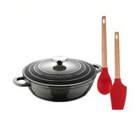 EXCALIBUR Bergner Set di casseruola bassa da 24 cm con coperchio in alluminio pressofuso + 2 utensili da cucina (cucchiaio, spatola) con manico in silicone e legno