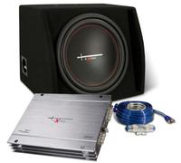 Excalibur X1 Kit audio auto con subwoofer X12.1BR 12" 1000W max, amplificatore MOSFET X600.2 2 canali 1200W, kit di installazione 8GA completo, configurazione tri-mode e cavi inclusi per bassi potenti