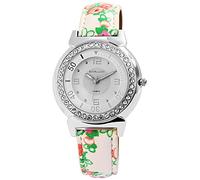 Excellanc Orologi da Donna Ragazza, Bianco Verde Argento Strass Fiori Analogico Orologio da Polso in Pelle