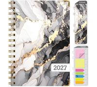 Excello 2027 Calendario settimanale e mensile con copertina rigida, 14 cm x 20,3 cm, linguette mensili, rilegatura a filo, cartella tascabile, segnalibro e note adesive, marmo nero oro