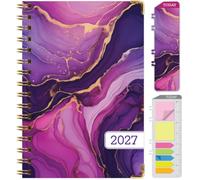 Excello 2027 Calendario settimanale e mensile con copertina rigida, 14 cm x 20,3 cm, linguette mensili, rilegatura a filo, cartella tascabile, segnalibro e note adesive, rosa viola marmo