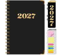 Excello 2027 Calendario settimanale e mensile con copertina rigida, 14 cm x 20,3 cm, linguette mensili, rilegatura a filo, cartella tascabile, segnalibro e note adesive, numeri neri e oro