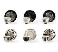 Excelsa Alice Set 6 Tazzine da Caffè con Piattini, New Bone China, Decorazioni Bianco e Nero, Bordo Oro