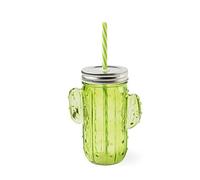 Excelsa Cactus Bicchiere/Mug con Cannuccia Riutilizzabile, Capacità 425 Ml., Vetro