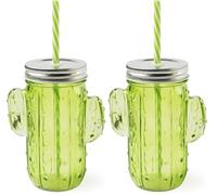 Excelsa Cactus Bicchiere/Mug con Cannuccia Riutilizzabile, Capacità 425 Ml., Vetro (Confezione da 2)