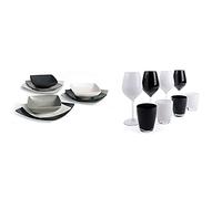 Excelsa Eclipse Servizio Piatti Quadrati 18 Pezzi, Ceramica, Bianco, Nero e Grigio & Color Wine Set Calici e Bicchieri, Vetro, Bianco e Nero, 8 Unità