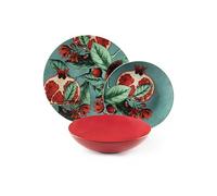 Excelsa Granada Servizio Piatti 18 Pezzi, Porcellana e Stoneware, Motivo Melograno Rosso e Turchese