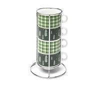 Excelsa Green Winter Set 4 Tazzine da Caffè, Porcellana con Motivo Tartan e Abeti, Supporto Metallico Impilabile